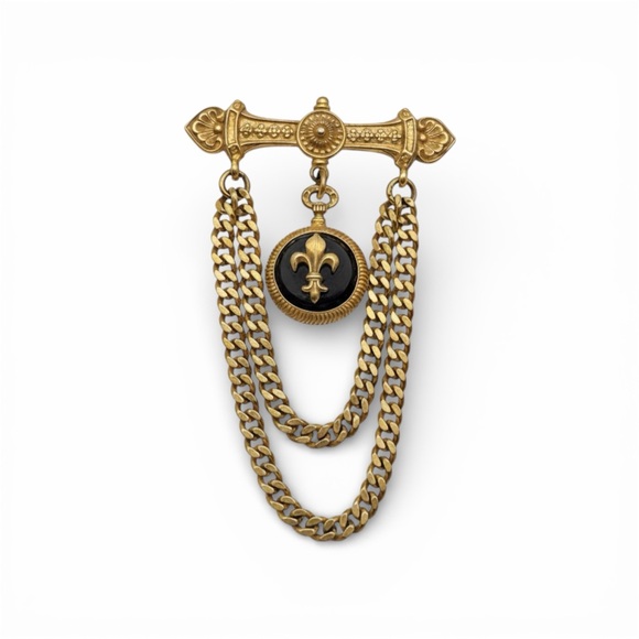 Ben-Amun Jewelry - Ben-Amun Gold Tone Chain Brooch With Fleur-De-Lis Medallion